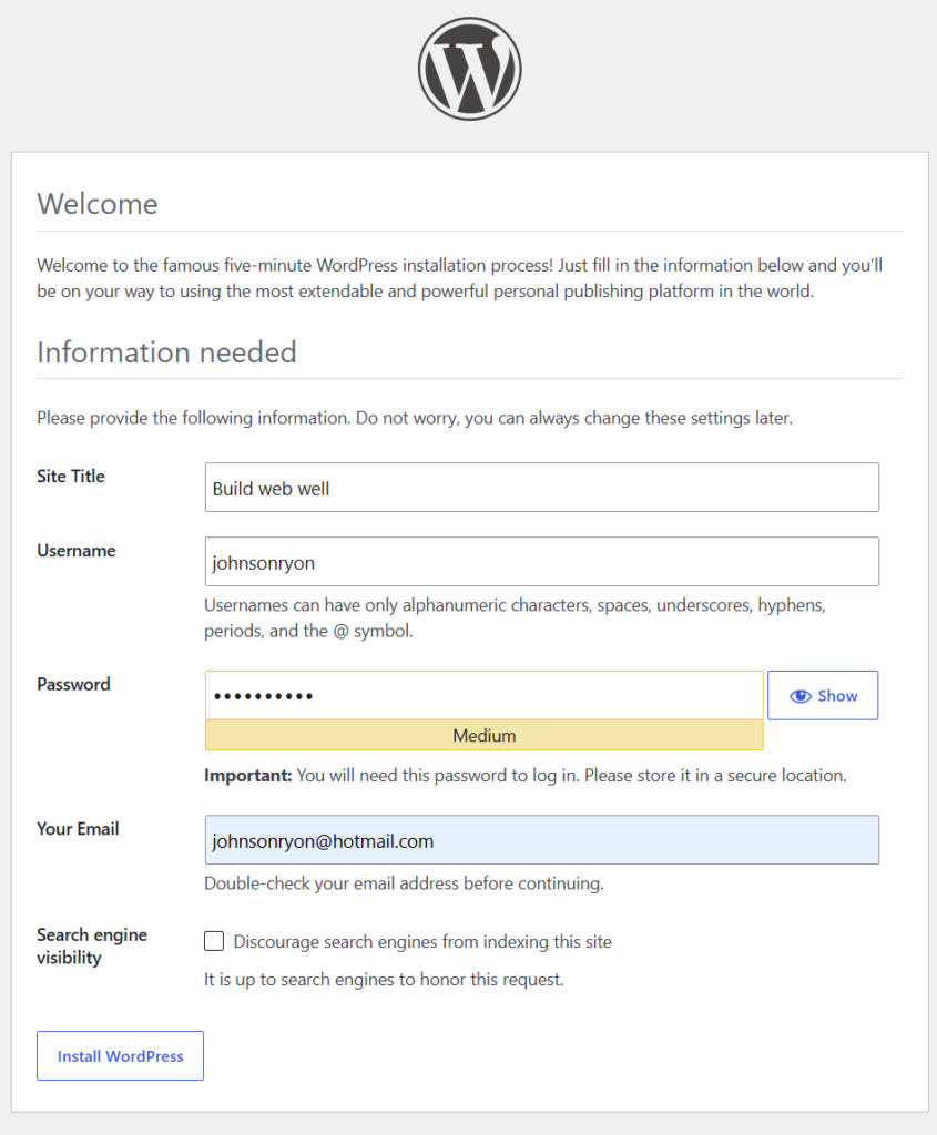 fill the website information