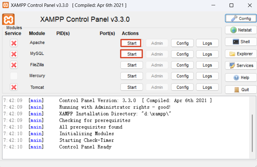 start apache and mysql